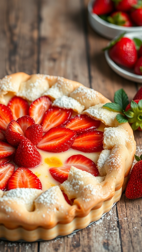 A golden strawberry quiche with a creamy filling and fresh strawberries, dusted with powdered sugar, on a wooden table.
